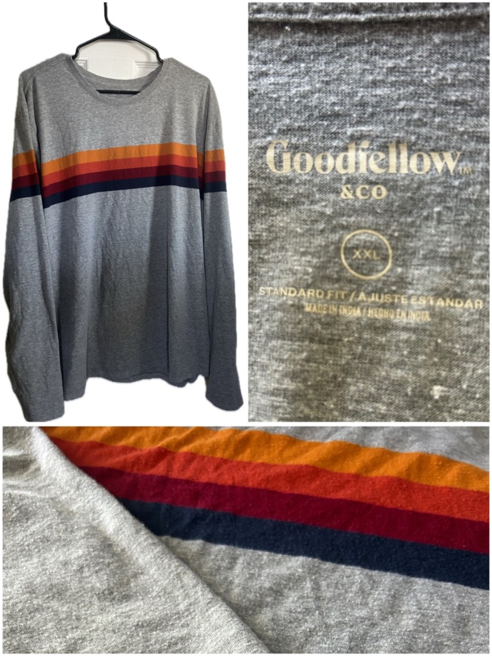 Goodfellow & Co Grey Long Sleeve Shirt with Orange, Red and Navy Stripes